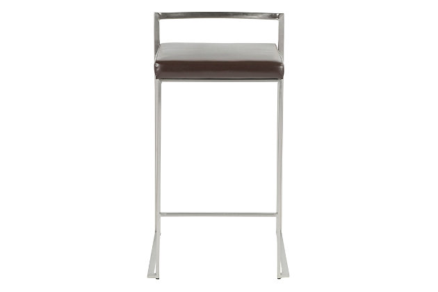 The simple elegance of this counter stool belies its astonishing comfort. Lightweight thin lines create a simplistic frame, and a low backrest supports the thick padded seat cushion. A stackable design for easy storage makes it great for entertaining. With its minimalist stylishness, this stool is sure to match any decor.Set of 2 | Made of metal, vinyl leather, foam and birch | Frame with chrome-tone finish | Padded seat with brown faux leather upholstery | Fixed counter height | Stackable design | Assembly required