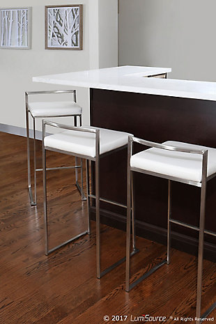 The simple elegance of this counter stool belies its astonishing comfort. Lightweight thin lines create a simplistic frame, and a low backrest supports the thick padded seat cushion. A stackable design for easy storage makes it great for entertaining. With its minimalist stylishness, this stool is sure to match any decor.Set of 2 | Made of metal, vinyl leather, foam and birch | Frame with chrome-tone finish | Padded seat with white faux leather upholstery | Fixed counter height | Stackable design | Assembly required