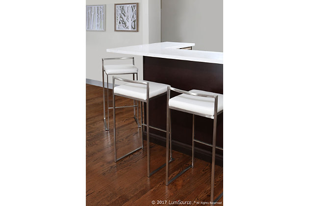 The simple elegance of this counter stool belies its astonishing comfort. Lightweight thin lines create a simplistic frame, and a low backrest supports the thick padded seat cushion. A stackable design for easy storage makes it great for entertaining. With its minimalist stylishness, this stool is sure to match any decor.Set of 2 | Made of metal, vinyl leather, foam and birch | Frame with chrome-tone finish | Padded seat with white faux leather upholstery | Fixed counter height | Stackable design | Assembly required