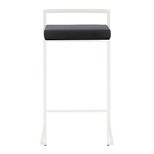 The simple elegance of this counter stool belies its astonishing comfort. Lightweight thin lines create a simplistic frame, and a low backrest supports the thick padded seat cushion. A stackable design for easy storage makes it great for entertaining. With its minimalist stylishness, this stool is sure to match any decor.Set of 2 | Made of steel, velvet fabric, foam and birch | Frame with white finish | Padded seat with black velvet upholstery | Fixed counter height | Stackable design | Assembly required
