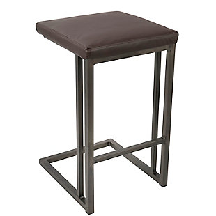 Sharp and clean, the mixed-material design of this counter stool is a great addition to any modern aesthetic. Featuring an angular metal frame and upholstered in faux leather, the backless design offers an ideal and minimalistic complement to your chic and modern decor.Set of 2 | Made of steel, vinyl leather, foam and birch | Cushioned seat with espresso-colored faux leather | Sturdy antiqued metal frame with built-in footrest | Fixed counter height | Assembly required