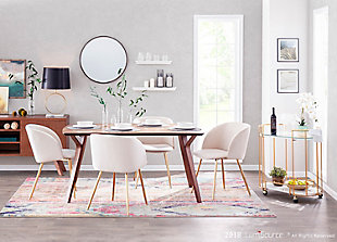 Surround your table with the beauty of this dining chair. Featuring sophisticated velvet upholstery that ties in perfectly with your contemporary decor, the super comfortable padded bucket seat is complemented by tapered metal legs. Set of 2 | Made of steel, velvet fabric, foam and birch | Cushioned seat and backrest with cream-colored velvet upholstery | Sturdy tapered metal legs with goldtone finish | Assembly required