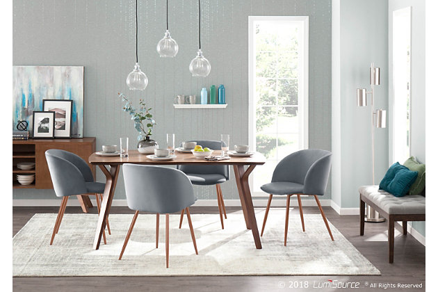 Surround your table with the beauty of this dining chair. Featuring sophisticated velvet upholstery that ties in perfectly with your contemporary decor, the super comfortable padded bucket seat is complemented by tapered metal legs. Set of 2 | Made of metal, velvet, foam and birch | Cushioned seat and backrest with gray velvet upholstery | Sturdy tapered metal legs with walnut finish | Assembly required