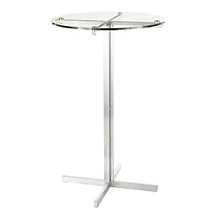 Elegant and substantial, this round bar table is the peak of streamlined sophistication. Featuring a solid metal frame and tempered glass tabletop, its design will demand attention in any space.Made of stainless steel and glass | Clear tempered glass tabletop | Sturdy brushed stainless steel frame  | Fixed bar height | Seats 2 comfortably | Assembly required