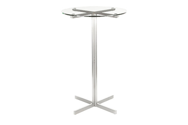 Elegant and substantial, this round bar table is the peak of streamlined sophistication. Featuring a solid metal frame and tempered glass tabletop, its design will demand attention in any space.Made of stainless steel and glass | Clear tempered glass tabletop | Sturdy brushed stainless steel frame  | Fixed bar height | Seats 2 comfortably | Assembly required