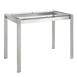 Elegant and substantial, this counter table is the peak of streamlined sophistication. Featuring a solid metal frame and tempered glass tabletop, its design clearly demands attention in any space.Made of metal, glass and birch | Clear tempered glass tabletop | Sleek stainless steel frame | Fixed counter height | Seats 6 comfortably | Assembly required