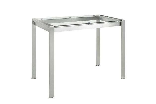 Elegant and substantial, this counter table is the peak of streamlined sophistication. Featuring a solid metal frame and tempered glass tabletop, its design clearly demands attention in any space.Made of metal, glass and birch | Clear tempered glass tabletop | Sleek stainless steel frame | Fixed counter height | Seats 6 comfortably | Assembly required