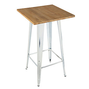 This square bar table combines the warmth of an elm wood top with sleek, powdercoated steel legs for a look that will complement a country kitchen or a modern urban loft. The sturdy design contrasts rustic and industrial elements, while the antiqued white finish blends seamlessly with any decor. No-mark feet keep it from sliding or scratching hardwood floors.Made of steel and wood | Elm wood tabletop | White powdercoat frame with antiqued finish | Footrest | Complements contemporary or country decor | 24" W x 41.15" H | Assembly required