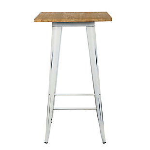 This square bar table combines the warmth of an elm wood top with sleek, powdercoated steel legs for a look that will complement a country kitchen or a modern urban loft. The sturdy design contrasts rustic and industrial elements, while the antiqued white finish blends seamlessly with any decor. No-mark feet keep it from sliding or scratching hardwood floors.Made of steel and wood | Elm wood tabletop | White powdercoat frame with antiqued finish | Footrest | Complements contemporary or country decor | 24" W x 41.15" H | Assembly required