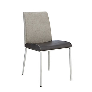 Dark gray with brushed stainless-steel legs, the hushed beauty of this side chair makes it an ideal choice for any number of design styles. Woven back fabric and a soft leatherette seat add to the chair’s considerable appeal.Set of 2 | Made of stainless steel | Woven back fabric | Faux-leather seat | Brushed stainless-steel legs | Subtle style suits many decors | Assembly required