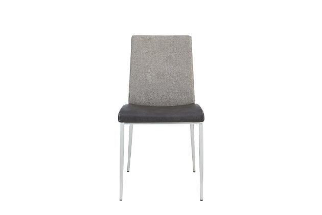 Dark gray with brushed stainless-steel legs, the hushed beauty of this side chair makes it an ideal choice for any number of design styles. Woven back fabric and a soft leatherette seat add to the chair’s considerable appeal.Set of 2 | Made of stainless steel | Woven back fabric | Faux-leather seat | Brushed stainless-steel legs | Subtle style suits many decors | Assembly required