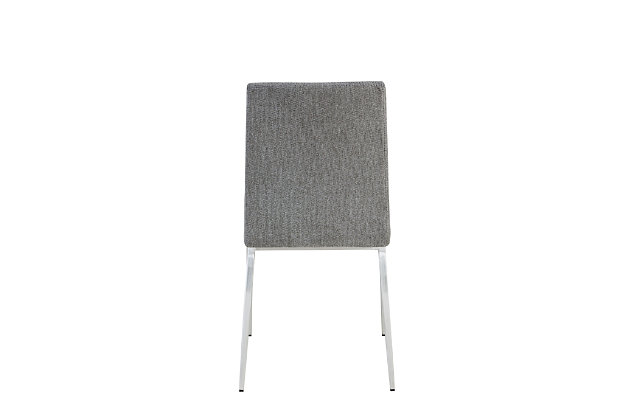Light gray with brushed stainless-steel legs, the hushed beauty of this side chair makes it an ideal choice for any number of design styles. Woven back fabric and a soft leatherette seat add to the chair’s considerable appeal.Set of 2 | Made of stainless steel | Woven back fabric | Faux-leather seat | Brushed stainless-steel legs | Subtle style suits many decors | Assembly required