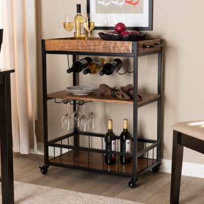 Cerne Vintage Rustic Industrial Oak Brown and Black Finished Mobile Metal Bar Cart with Wine Bottle Rack, , large