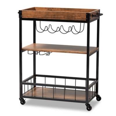 Cerne Vintage Rustic Industrial Oak Brown and Black Finished Mobile Metal Bar Cart with Wine Bottle Rack, , large