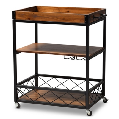 Capri Vintage Rustic Industrial Oak Brown and Black Finished Mobile Metal Bar Cart with Stemware Rack, , large
