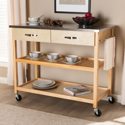 Cresta Pine Wood and Stainless Steel 2-Drawer Kitchen Island Utility Storage Cart, , rollover