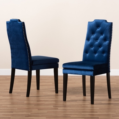 Dylin Royal Blue Velvet Fabric Upholstered Button Tufted Wood Dining Chair Set, Blue, rollover