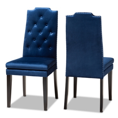 Dylin Royal Blue Velvet Fabric Upholstered Button Tufted Wood Dining Chair Set, Blue, large