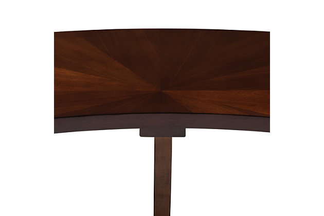 Curves and rich hues abound in the Berlin dining bench. Constructed from solid rubberwood and engineered wood, the Berlin features a stunning dark walnut brown finish. Mid-century modern inspiration is evident in the three pairs of angled legs, which provide solid seating support. Its curved shape adds visual interest to your dining setup and makes it ideal for use with a round table. Combine this bench with the other pieces in the collection to complete the look. The Berlin dining bench is made in Malaysia and requires assembly.Mid-century modern dining bench | Angled leg design | Dark walnut brown finish | Curved shape | Made of rubberwood and engineered wood | Assembly required