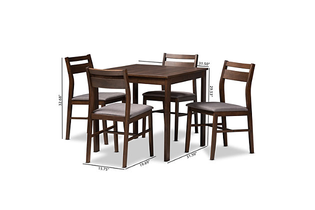 A clean design and neutral color palette make the Lovy dining set an effortless addition to any space. Constructed from solid rubberwood and engineered wood in a dark walnut finish, this dining set includes one table and four chairs. The table features a classic square top, ideal for playing cards or having a casual meal. Each chair is upholstered in a soft, foam-padded polyester fabric and is built with a slanted back for endless comfort. The compact size of the Lovy set makes it ideal for small kitchens and dining rooms. For added convenience, all five pieces in the set will arrive in one box. The Lovy dining set is made in Malaysia and requires assembly.Modern and contemporary dining set includes 1 table and 4 chairs | Ships in 1 box | Dark walnut brown finish | Polyester fabric upholstery | Made of rubberwood and engineered wood | Assembly required
