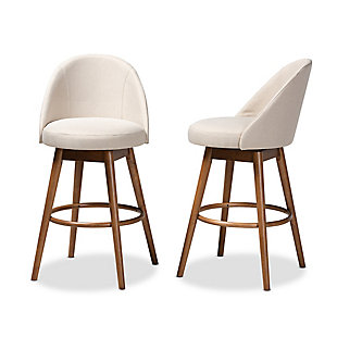 Enhance your home bar with the retro charm of the Carra bar stool. Constructed from solid rubberwood and wood veneer, the Carra showcases a warm walnut brown finish that complements the polyester fabric upholstery. The seat and back are padded with foam for endless hours of comfort as you sip cocktails. The swivel seat and built-in footrest provide additional comfort, while tapered, angled legs lend a chic mid-century look. The Carra bar stool is made in Malaysia and requires assembly.Set of 2 | Walnut brown finish | Upholstered in polyester fabric and padded with foam | Swivel capability | Made of rubberwood | Assembly required
