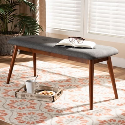 Flora II Mid-Century Modern Dark Gray Fabric Upholstered Medium Oak Finished Wood Dining Bench, Charcoal, large