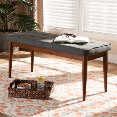 Itami Mid-Century Modern Dark Gray Fabric Upholstered Medium Oak Finished Wood Dining Bench, Dark Gray, large