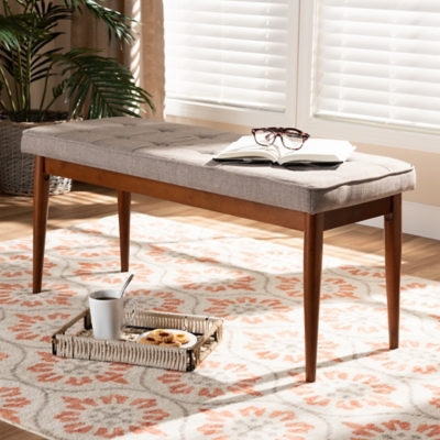 Itami Mid-Century Modern Light Gray Fabric Upholstered Medium Oak Finished Wood Dining Bench, Gray, large