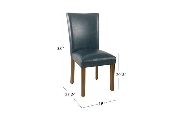 Available in a wide range of fabrics and finishes, this dining chair’s classic design combines with your individual tastes for a personal style statement. From whimsical paisley to sleek faux leather, your sense of style will be reflected in these sturdy wood-frame chairs. They will add flavor to your dining room, and are versatile enough to enhance almost any bedroom, entryway or living room.Set of 2 | Made of wood | Navy faux leather upholstery | Padded seat and back | Assembly required