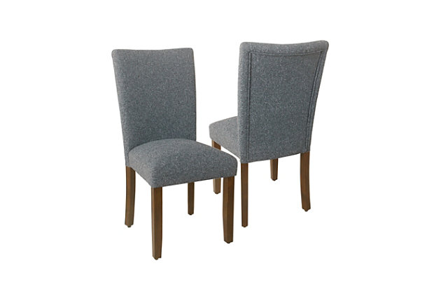 Available in a wide range of fabrics and finishes, this dining chair’s classic design combines with your individual tastes for a personal style statement. From stripes to geometric patterns, from dark blue to soft gray, your sense of style will be reflected in these sturdy wood-frame chairs. They will add flavor to your dining room, and are versatile enough to enhance almost any bedroom, entryway or living room.Set of 2 | Made of wood | Heathered gray fabric upholstery | Padded seat and back | Assembly required