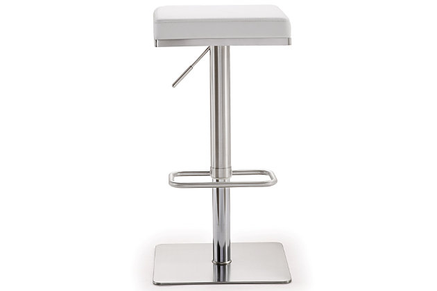 Furnish your kitchen or bar area in contemporary style with the Bari stool from TOV. The solid stainless steel frame provides a sturdy base, while the plush seat and footrest ensure maximum comfort. The combination of angles and gentle curves gives this stool an eye-catching appearance, while the neutral color allows it to match well with any decor.Stainless steel frame and footrest | Adjustable seat height with gas lift | 360° Swivel seat | Comfortable Vegan Leather upholstered seat | Square base with rounded corners | For residential or commercial use | Available in black, white or grey | Minor assembly required