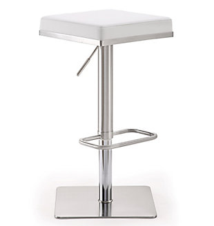 Furnish your kitchen or bar area in contemporary style with the Bari stool from TOV. The solid stainless steel frame provides a sturdy base, while the plush seat and footrest ensure maximum comfort. The combination of angles and gentle curves gives this stool an eye-catching appearance, while the neutral color allows it to match well with any decor.Stainless steel frame and footrest | Adjustable seat height with gas lift | 360° Swivel seat | Comfortable Vegan Leather upholstered seat | Square base with rounded corners | For residential or commercial use | Available in black, white or grey | Minor assembly required