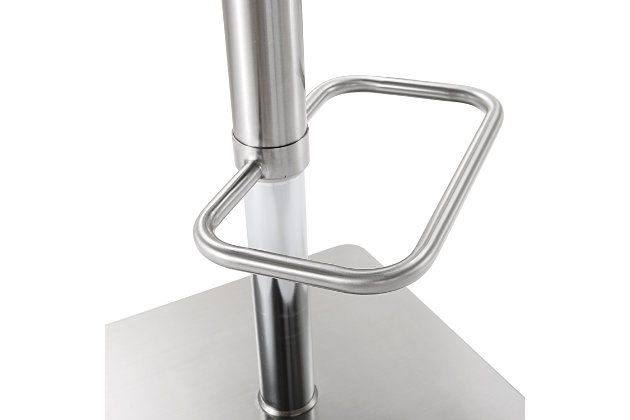 Furnish your kitchen or bar area in contemporary style with the Bari stool. The solid stainless steel frame provides a sturdy base, while the plush seat and footrest ensure maximum comfort. The combination of angles and gentle curves gives this stool an eye-catching appearance that allows it to match well with any decor. The adjustable height mechanism adds customized comfort at your fingertips.Stainless steel frame and footrest | Adjustable seat height with gas lift | 360° Swivel seat | Comfortable faux leather upholstered seat | Square base with rounded corners | Assembly required