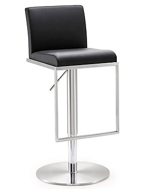 Furnish your kitchen or bar area in contemporary style with the Amalfi stool. The solid stainless steel frame provides a sturdy base, while the plush seat and footrest ensure maximum comfort. The combination of angles and gentle curves gives this stool an eye-catching appearance that allows it to match well with any decor. The adjustable height mechanism adds customized comfort at your fingertips.Stainless steel frame and footrest | Adjustable seat height with gas lift | 360° Swivel seat | Comfortable faux leather upholstered back and seat | For residential or commercial use | Assembly required