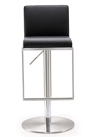 Furnish your kitchen or bar area in contemporary style with the Amalfi stool. The solid stainless steel frame provides a sturdy base, while the plush seat and footrest ensure maximum comfort. The combination of angles and gentle curves gives this stool an eye-catching appearance that allows it to match well with any decor. The adjustable height mechanism adds customized comfort at your fingertips.Stainless steel frame and footrest | Adjustable seat height with gas lift | 360° Swivel seat | Comfortable faux leather upholstered back and seat | For residential or commercial use | Assembly required