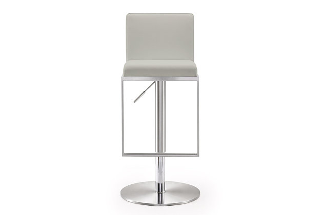 Furnish your kitchen or bar area in contemporary style with the Amalfi stool from TOV. The solid stainless steel frame provides a sturdy base, while the plush seat and footrest ensure maximum comfort. The combination of angles and gentle curves gives this stool an eye-catching appearance, while the neutral color allows it to match well with any decor.Stainless steel frame and footrest | Adjustable seat height with gas lift | 360° Swivel seat | Comfortable Vegan Leather upholstered back and seat | For residential or commercial use | Available in black, white or grey | Minor assembly required | Fabric swatch available