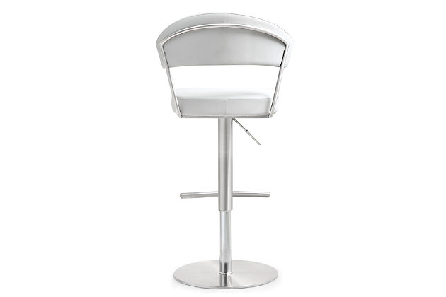 Furnish your kitchen or bar area in contemporary style with this sleek, modern bar stool. The solid stainless steel frame provides a sturdy base, while the plush seat and backrest ensure maximum comfort. The combination of angles and gentle curves gives this stool an eye-catching appearance that allows it to match well with any decor. The adjustable height mechanism adds customized comfort at your fingertips.Stainless steel frame and footrest | Adjustable seat height with gas lift | 360° Swivel seat | Comfortable faux leather upholstered seat | Rounded base | Assembly required