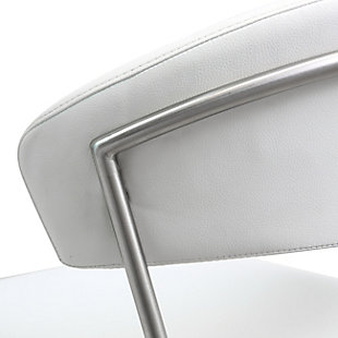 Furnish your kitchen or bar area in contemporary style with this sleek, modern bar stool. The solid stainless steel frame provides a sturdy base, while the plush seat and backrest ensure maximum comfort. The combination of angles and gentle curves gives this stool an eye-catching appearance that allows it to match well with any decor. The adjustable height mechanism adds customized comfort at your fingertips.Stainless steel frame and footrest | Adjustable seat height with gas lift | 360° Swivel seat | Comfortable faux leather upholstered seat | Rounded base | Assembly required