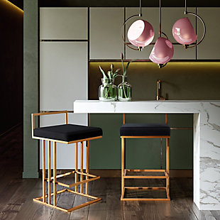 Enhance your kitchen or bar space with this sleek and sophisticated bar stool. Its plush velvet seat, sturdy goldtone steel frame and footrest provide maximum support and comfort. The combination of angles and gentle curves gives this stool an eye-catching appearance that is sure to please, while the neutral colors allow it to match well with any decor.Goldtone steel frame and footrest | Available in slub blue, blush, black and slub grey velvet options | Contemporary design | Fabric swatch available | For residential or commercial use | Ships assembled