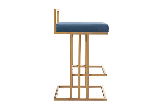 Enhance your kitchen or bar space with this sleek and sophisticated bar stool. Its plush velvet seat, sturdy goldtone steel frame and footrest provide maximum support and comfort. The combination of angles and gentle curves gives this stool an eye-catching appearance that is sure to please, while the neutral colors allow it to match well with any decor.Goldtone steel frame and footrest | Available in slub blue, blush, black and slub grey velvet options | Contemporary design | Fabric swatch available | For residential or commercial use | Ships assembled