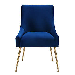 Sit pretty in this sumptuous yet durable velvet chair. The Beatrix dazzles as a dining chair or as an accent piece. Available in several colors with fab goldtone stainless steel legs and a matching handle on the back. Layer it into any room for a well curated effect.Handmade elegantly curved design | Durable yet sumptuous velvet upholstery | Fab goldtone stainless steel legs | Goldtone handle on back | Solid kiln dried wood frame | Assembly required