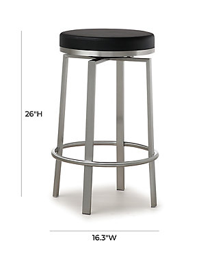 Furnish your kitchen or bar area in contemporary style with the Pratt stool. The solid stainless steel frame provides a sturdy base, while the plush seat and handy footrest ensure maximum comfort. The neutral color allows it to match well with any decor. Available in black, white or gray.360 Swivel seat | Stainless steel frame and footrest | Comfortable faux leather upholstered back and seat | Ships 2 per carton | For residential or commercial use | Assembly required