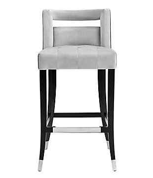 Not for the faint of heart, this stool will make you swoon. Making its debut with a bold statement, the Hart stool is available in bar and counter height options, in your choice of sumptuous grey or navy velvet. Hand-applied nailheads and metal tipped legs match the accompanying footrest.Matching steel footrest | Individually hand-applied silvertone nailheads | Sumptuous velvet upholstery with tufted seat | Birch wood legs with silvertone steel caps | Handmade by skilled furniture craftsmen | Ships assembled