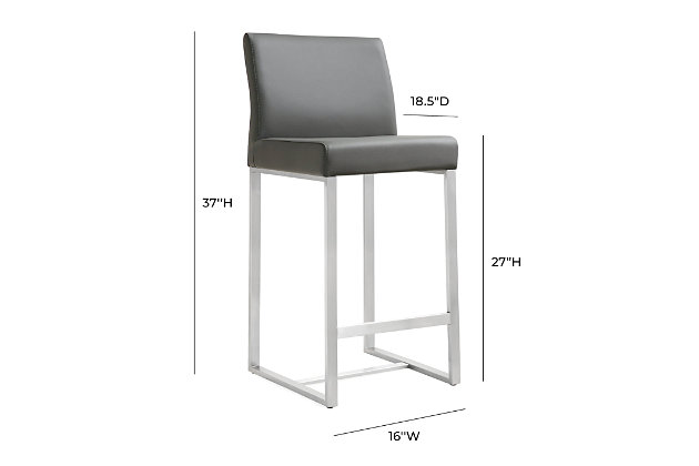 Furnish your kitchen or bar area in contemporary style with the Denmark counter stool. The solid stainless steel frame provides a sturdy base, while the plush seat and footrest ensure maximum comfort. The combination of angles and gentle curves gives this stool an eye-catching appearance and the neutral color allows it to match well with any decor.Stainless steel frame and footrest | Comfortable faux leather upholstered back and seat | Ships 2 per carton | For residential or commercial use | Available in black, white or grey and counter or bar height options | Assembly required