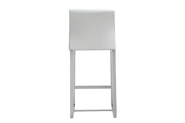 Furnish your kitchen or bar area in contemporary style with the Denmark counter stool. The solid stainless steel frame provides a sturdy base, while the plush seat and footrest ensure maximum comfort. The combination of angles and gentle curves gives this stool an eye-catching appearance and the neutral color allows it to match well with any decor.Stainless steel frame and footrest | Comfortable faux leather upholstered back and seat | Ships 2 per carton | For residential or commercial use | Available in black, white or grey and counter or bar height options | Assembly required