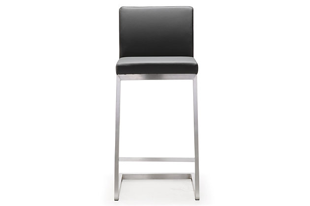 Furnish your kitchen or bar area in contemporary style with the Parma counter stool. The solid stainless steel frame provides a sturdy base, while the plush seat and footrest ensure maximum comfort. The combination of angles and gentle curves gives this stool an eye-catching appearance and the neutral color allows it to match well with any decor.Stainless steel frame and footrest | Comfortable faux leather upholstered back and seat | Ships 2 per carton | For residential or commercial use | Available in black, white or grey | Ships assembled