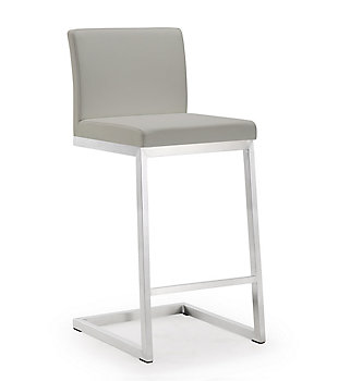 Furnish your kitchen or bar area in contemporary style with the Parma counter stool. The solid stainless steel frame provides a sturdy base, while the plush seat and footrest ensure maximum comfort. The combination of angles and gentle curves gives this stool an eye-catching appearance and the neutral color allows it to match well with any decor.Stainless steel frame and footrest | Comfortable faux leather upholstered back and seat | Ships 2 per carton | For residential or commercial use | Available in black, white or grey | Ships assembled