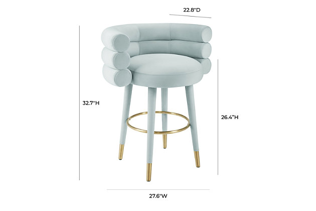 With style to go around, this stool will supplement your home decor like no other. It is designed for comfort and shaped to entertain. This charming silhouette is available in two trend-right colors, and in counter and bar stool heights.Handmade by skilled furniture craftsmen | Lavish upholstery available in two different color choices. | Sturdy frame with webbing support | Legs tipped with goldtone stainless-steel. | Plush seating and stylish backrest | Assembly required