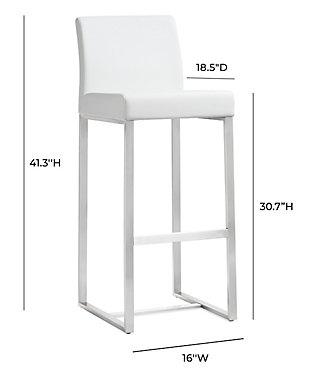 Furnish your kitchen or bar area in contemporary style with the Denmark bar stool from TOV. The solid stainless steel frame provides a sturdy base, while the plush seat and footrest ensure maximum comfort. The combination of angles and gentle curves gives this stool an eye-catching appearance, while the neutral color allows it to match well with any decor.Stainless steel frame and footrest | Comfortable Vegan Leather upholstered back and seat | Ships 2 per carton | For residential or commercial use | Available in black, white or grey and counter or bar height options | Fabric swatch available