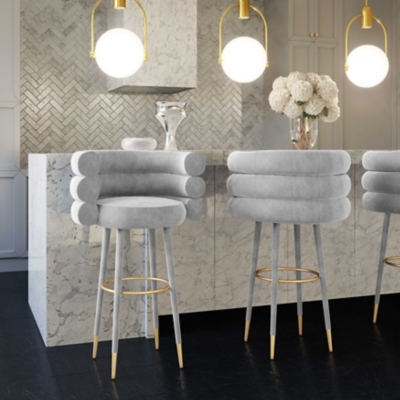 TOV Furniture Betty Gray Velvet Barstool, Gray, rollover